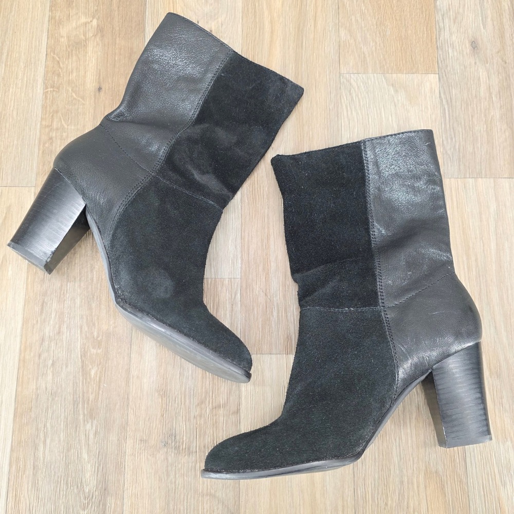 Black Saks Leather Suede Block Heel Ankle Boots Womens Size 8M Classic Stylish